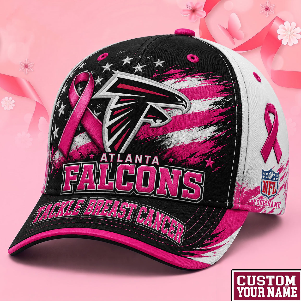 PREMIUM NFL X ATL EXCLUSIVE PERSONALIZED Pink Ribbon Breast Cancer Survior Cap