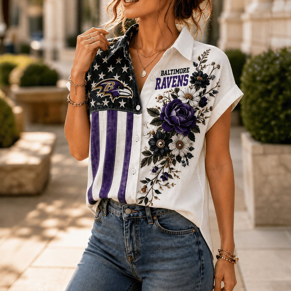 PREMIUM NFL X BAL EXCLUSIVE Floral American Flag Linen Shirt
