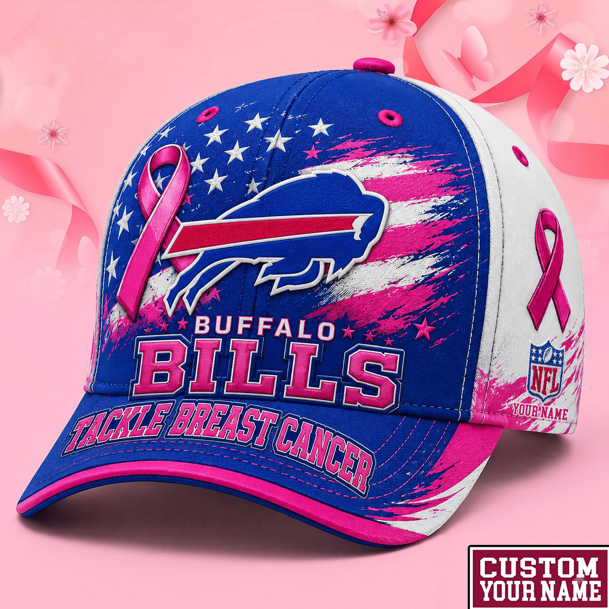 PREMIUM NFL X BUF EXCLUSIVE PERSONALIZED Pink Ribbon Breast Cancer Survior Cap