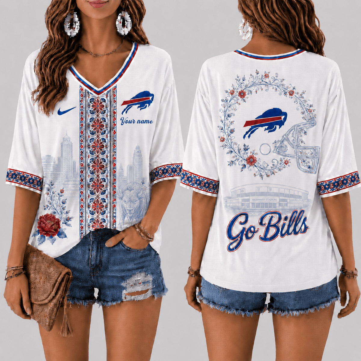 PREMIUM NFL X BUF EXCLUSIVE PERSONALIZED Women‘s Floral V-neck Shirt LIMITED EDITION