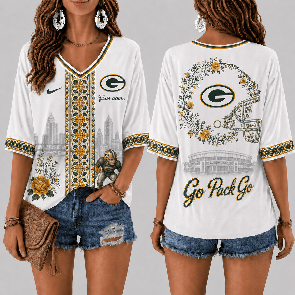 PREMIUM NFL X GB EXCLUSIVE PERSONALIZED Women‘s Floral V-neck Shirt LIMITED EDITION