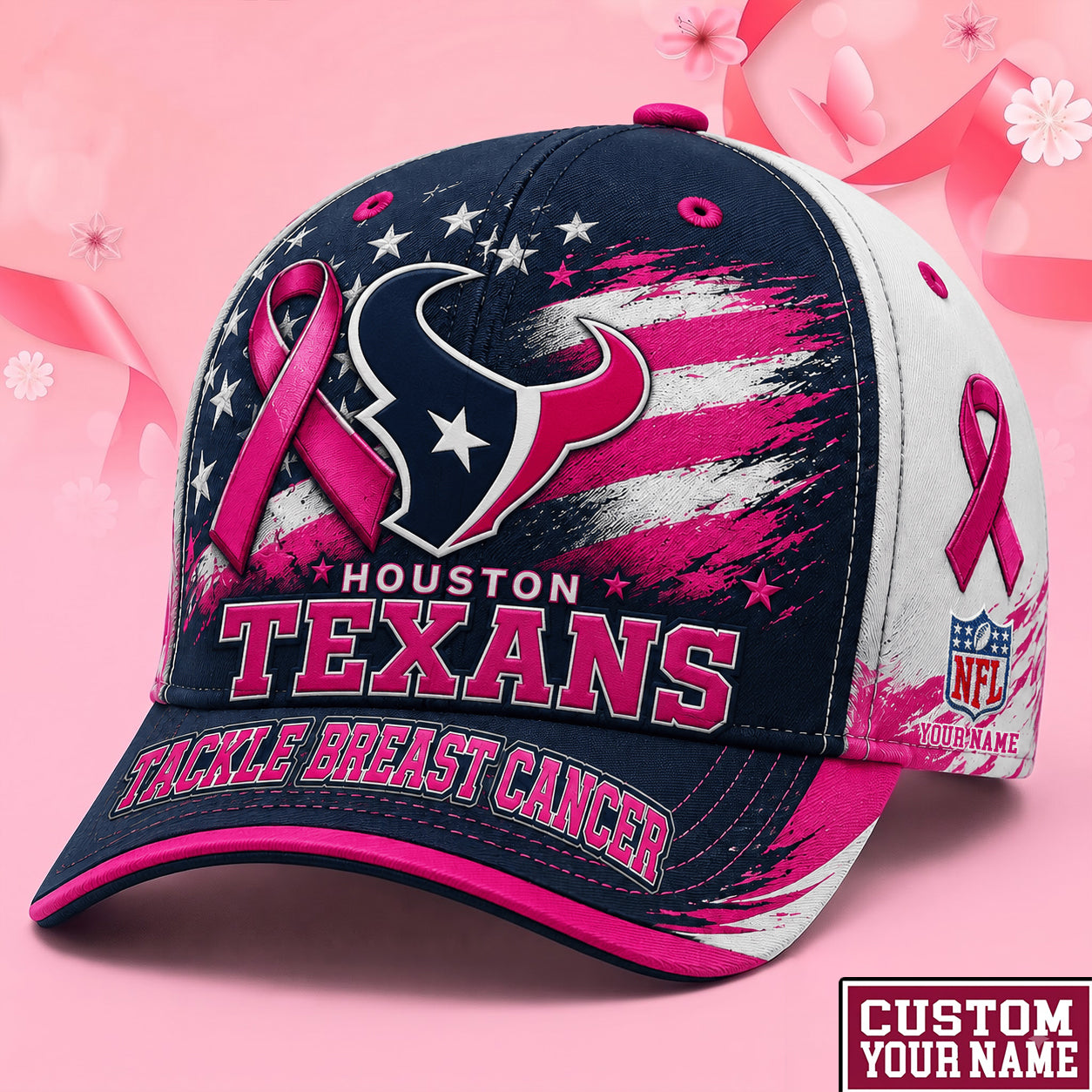 PREMIUM NFL X HOU EXCLUSIVE PERSONALIZED Pink Ribbon Breast Cancer Survior Cap