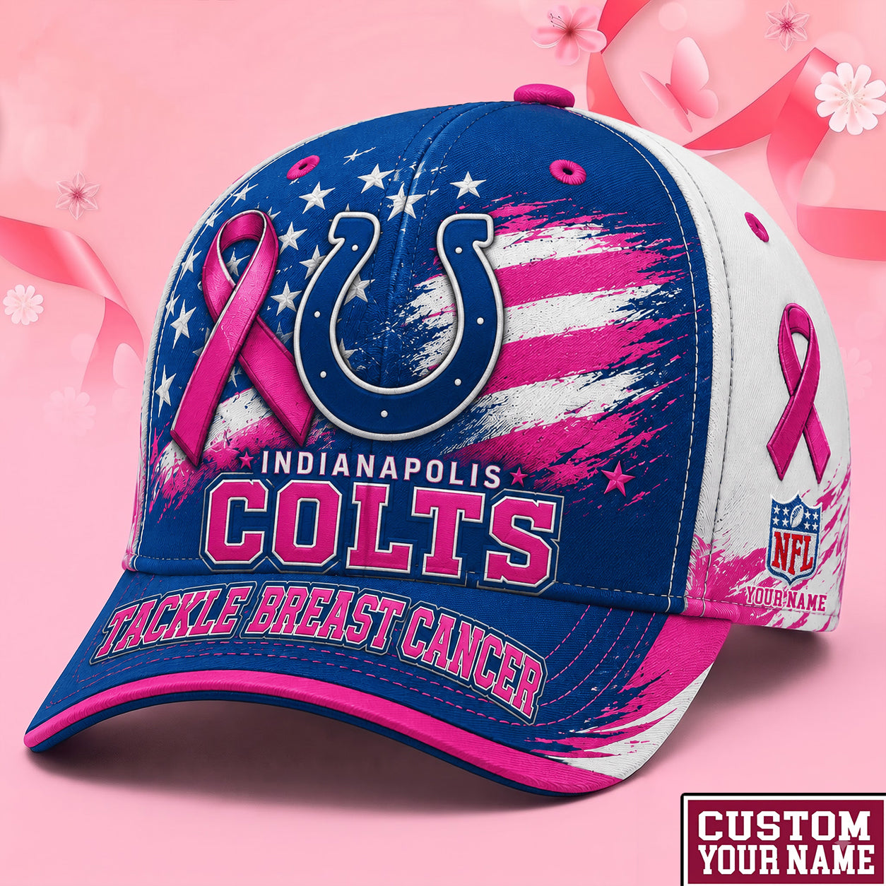 PREMIUM NFL X IND EXCLUSIVE PERSONALIZED Pink Ribbon Breast Cancer Survior Cap