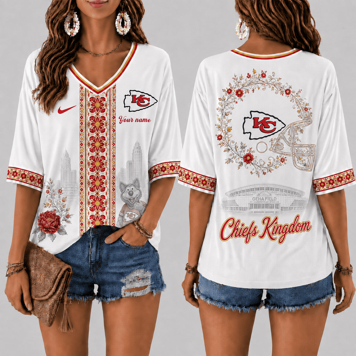 PREMIUM NFL X KC EXCLUSIVE PERSONALIZED Women‘s Floral V-neck Shirt LIMITED EDITION