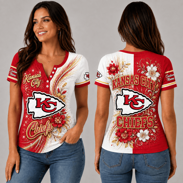 PREMIUM NFL X KCC EXCLUSIVE  Personalized FLORAL  Women’s Button V-Neck Shirt Gifts For Fan - Limited Edition