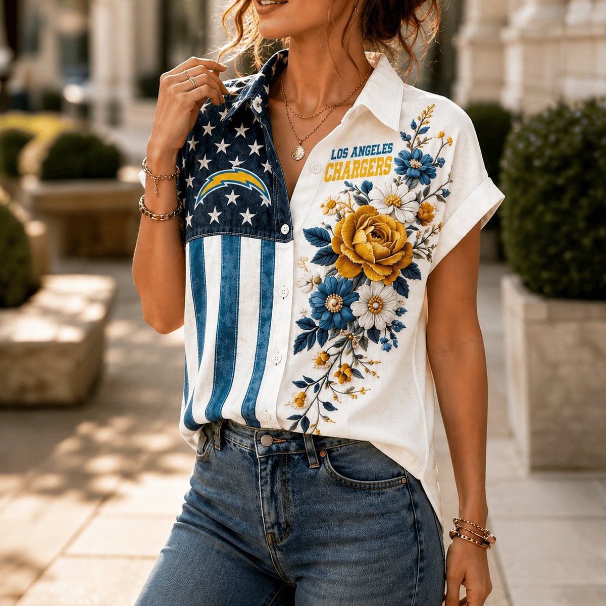 PREMIUM NFL X LAC EXCLUSIVE Floral American Flag Linen Shirt