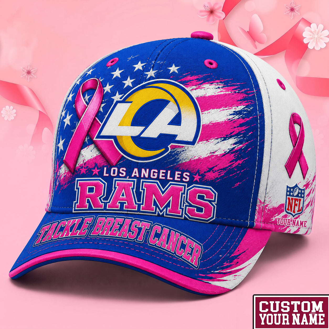 PREMIUM NFL X LAR EXCLUSIVE PERSONALIZED Pink Ribbon Breast Cancer Survior Cap