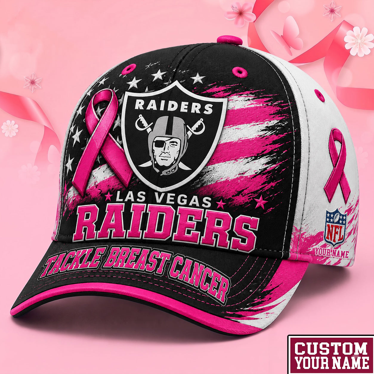 PREMIUM NFL X LV EXCLUSIVE PERSONALIZED Pink Ribbon Breast Cancer Survior Cap