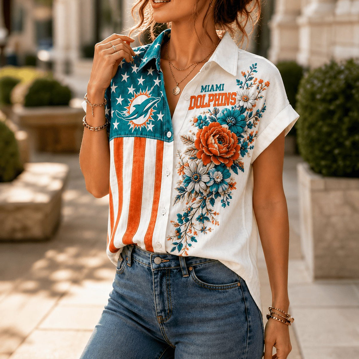 PREMIUM NFL X MIA EXCLUSIVE Floral American Flag Linen Shirt