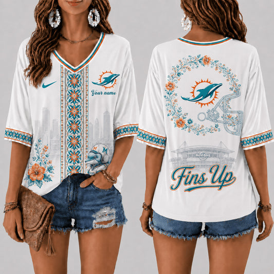 PREMIUM NFL X MIA EXCLUSIVE PERSONALIZED Women‘s Floral V-neck Shirt LIMITED EDITION