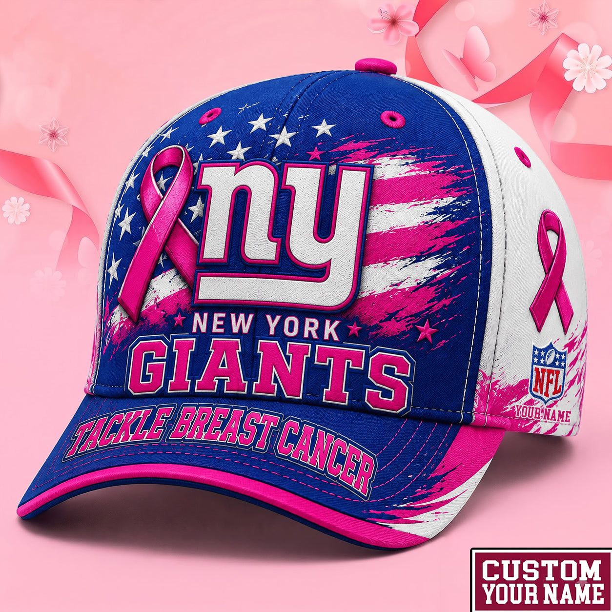 PREMIUM NFL X NYG EXCLUSIVE PERSONALIZED Pink Ribbon Breast Cancer Survior Cap