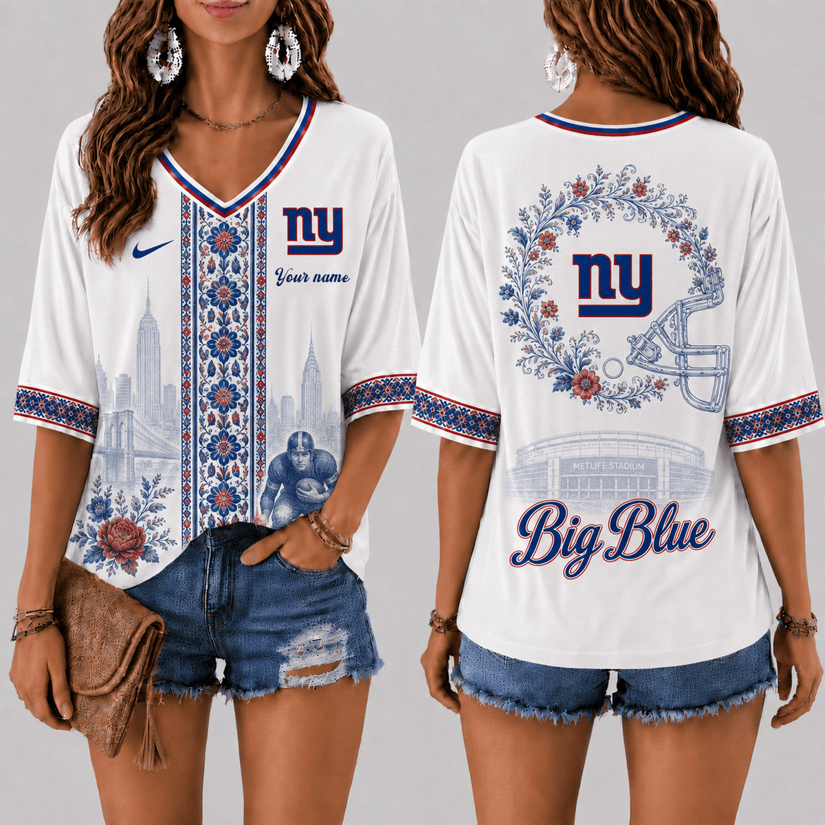 PREMIUM NFL X NYG EXCLUSIVE PERSONALIZED Women‘s Floral V-neck Shirt LIMITED EDITION