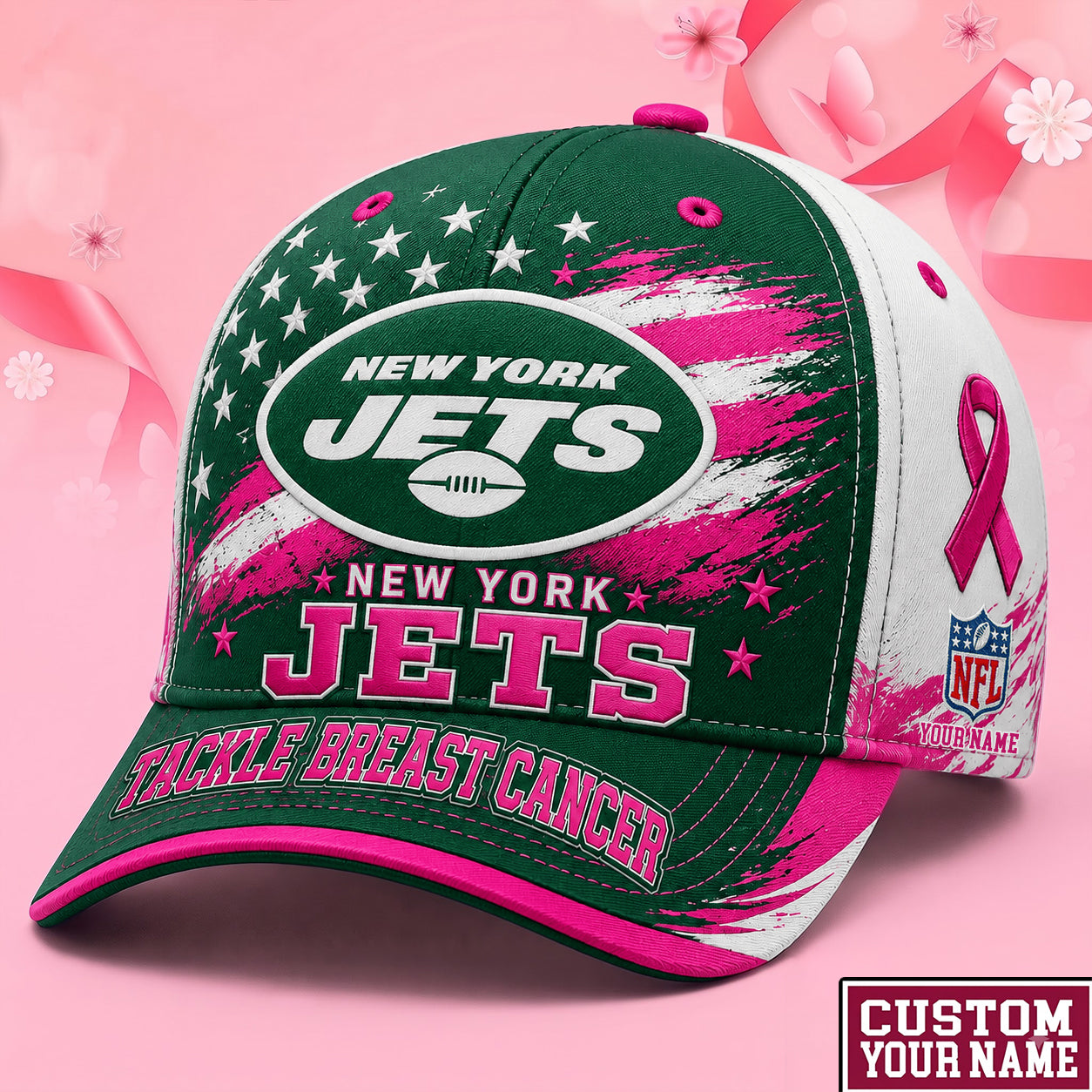 PREMIUM NFL X NYJ EXCLUSIVE PERSONALIZED Pink Ribbon Breast Cancer Survior Cap