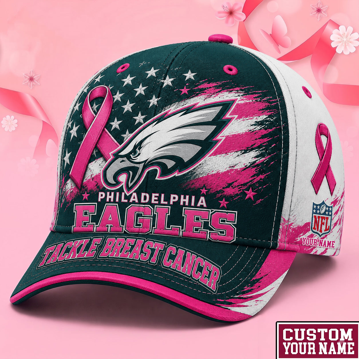 PREMIUM NFL X PHI EXCLUSIVE PERSONALIZED Pink Ribbon Breast Cancer Survior Cap