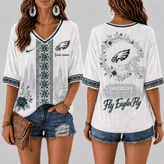 PREMIUM NFL X PHI EXCLUSIVE PERSONALIZED Women‘s Floral V-neck Shirt LIMITED EDITION