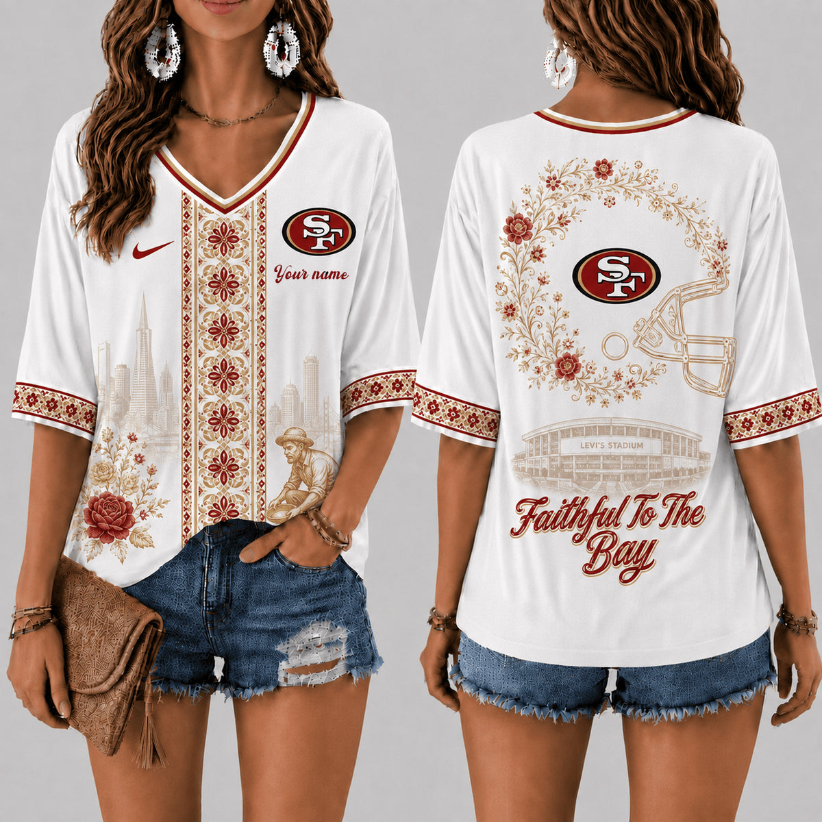 PREMIUM NFL X SF EXCLUSIVE PERSONALIZED Women‘s Floral V-neck Shirt LIMITED EDITION
