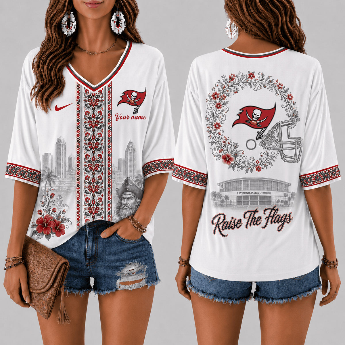 PREMIUM NFL X TB EXCLUSIVE PERSONALIZED Women‘s Floral V-neck Shirt LIMITED EDITION