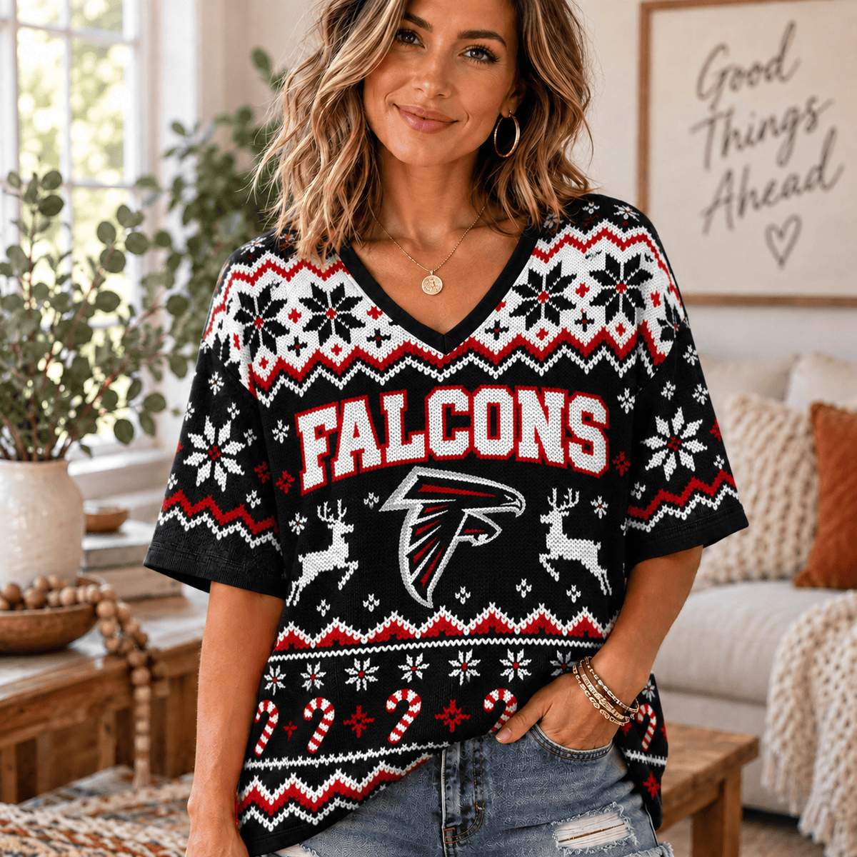 Premium NFL x ATL Christmas V-Neck Shirt