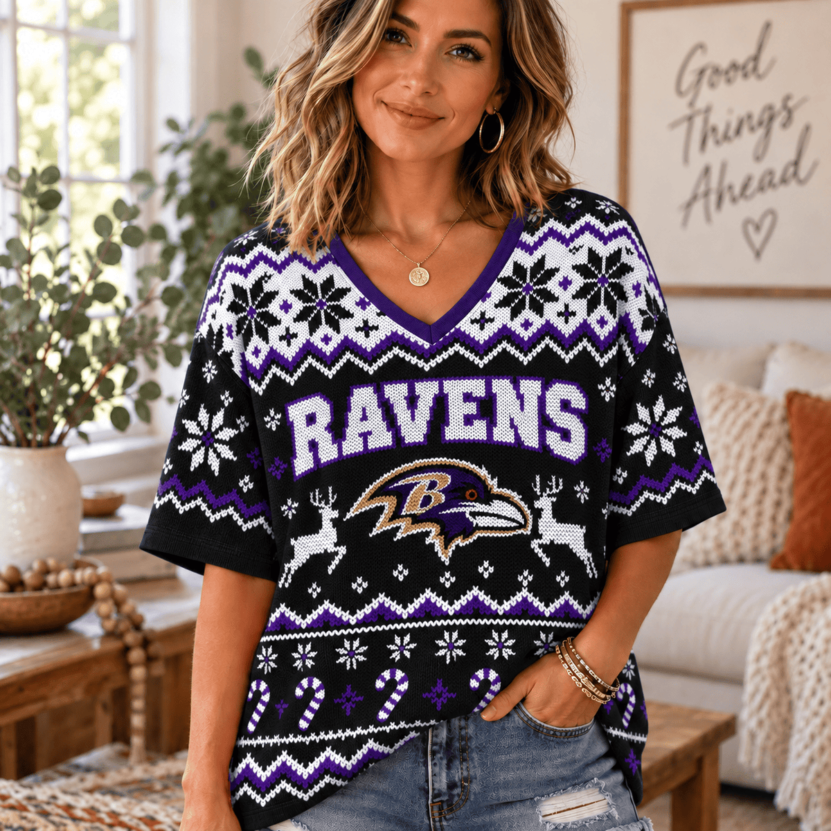 Premium NFL x BAL Christmas V-Neck Shirt