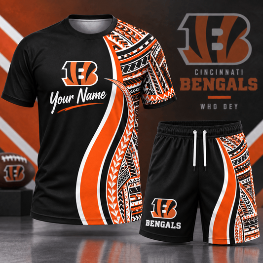 Premium NFL x CIN Custom Name Tribal Graphic T-Shirt and Shorts Set Football Fan Sports Outfit