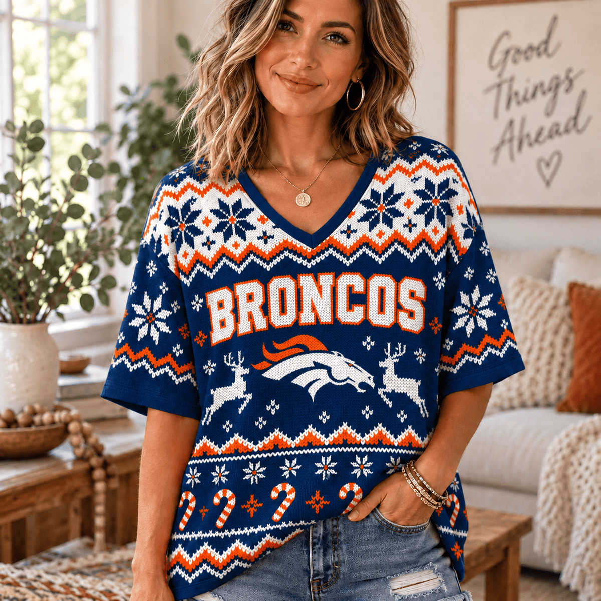 Premium NFL x DEN Christmas V-Neck Shirt