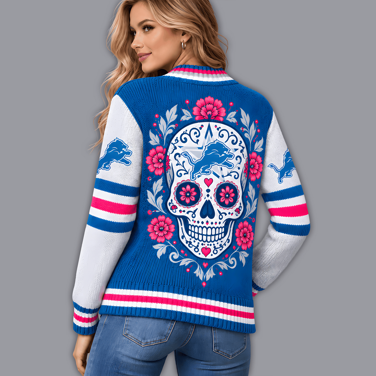 Premium NFL x DET Floral Skull Knit Cardigan