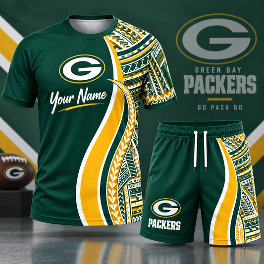 Premium NFL x GB Custom Name Tribal Graphic T-Shirt and Shorts Set Football Fan Sports Outfit