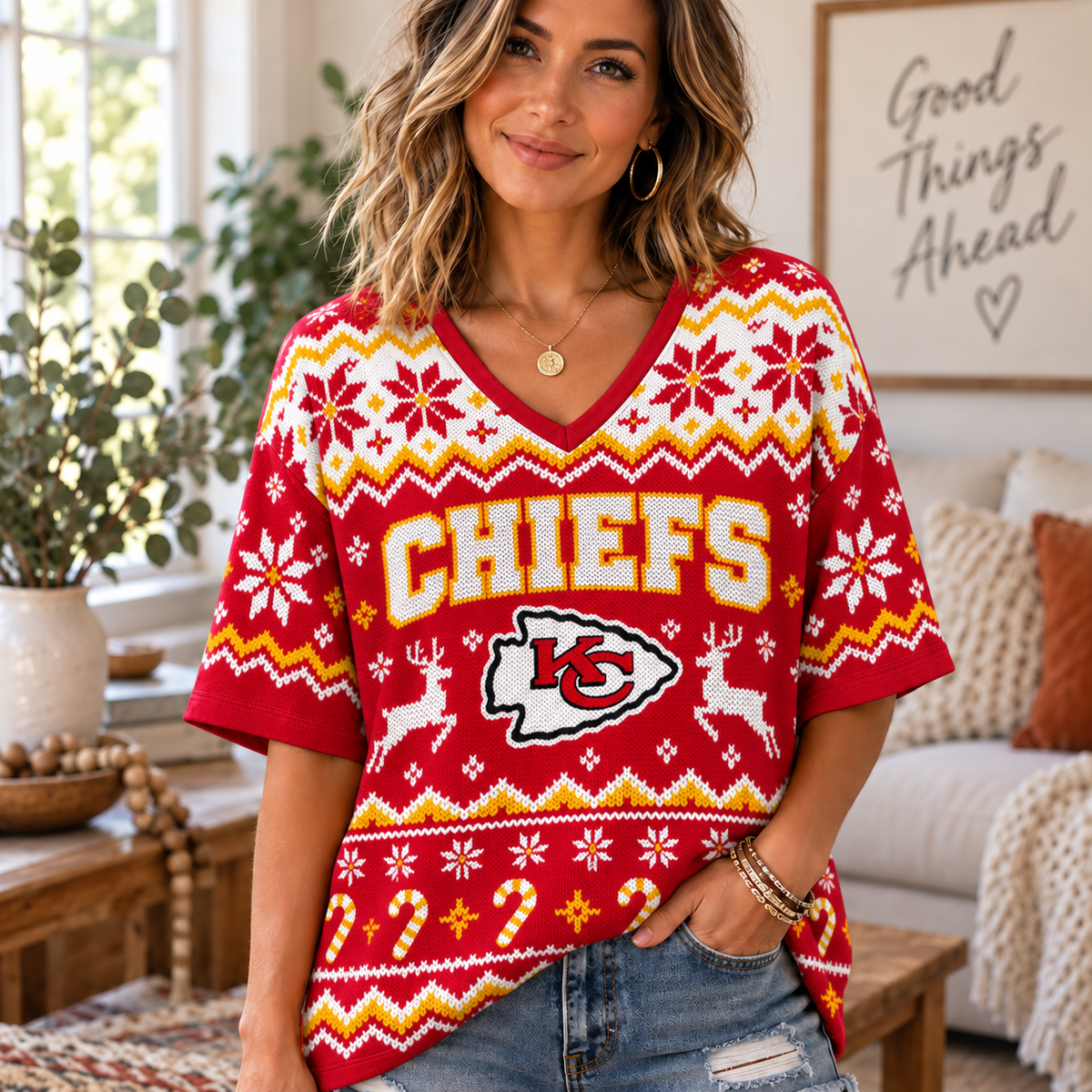 Premium NFL x KC Christmas V-Neck Shirt