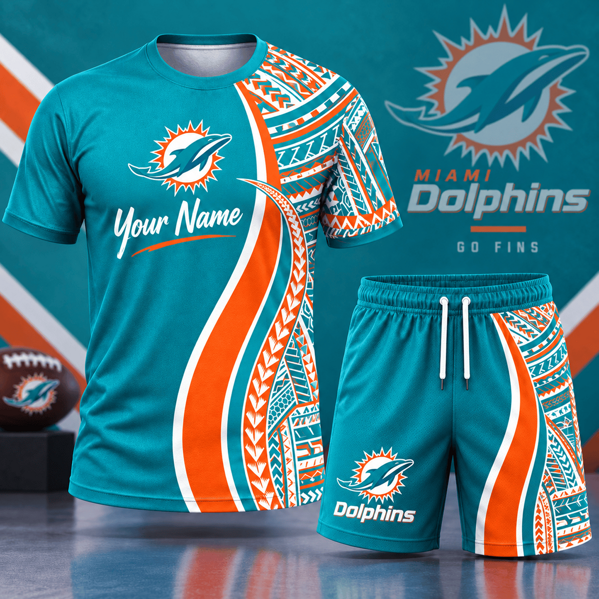 Premium NFL x MIA Custom Name Tribal Graphic T-Shirt and Shorts Set Football Fan Sports Outfit