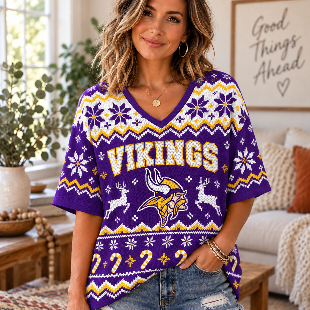 Premium NFL x MIN Christmas V-Neck Shirt