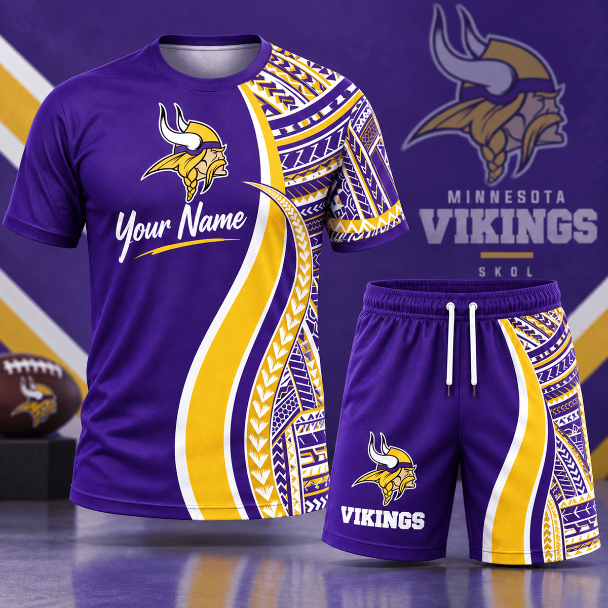 Premium NFL x MIN Custom Name Tribal Graphic T-Shirt and Shorts Set Football Fan Sports Outfit