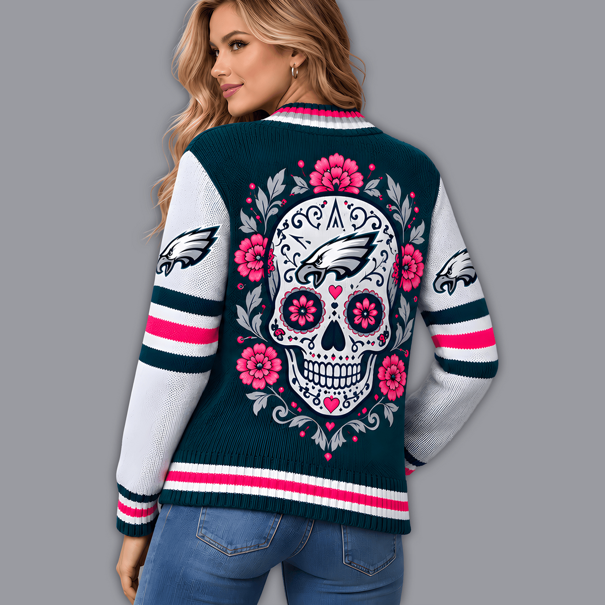 Premium NFL x PHI Floral Skull Knit Cardigan