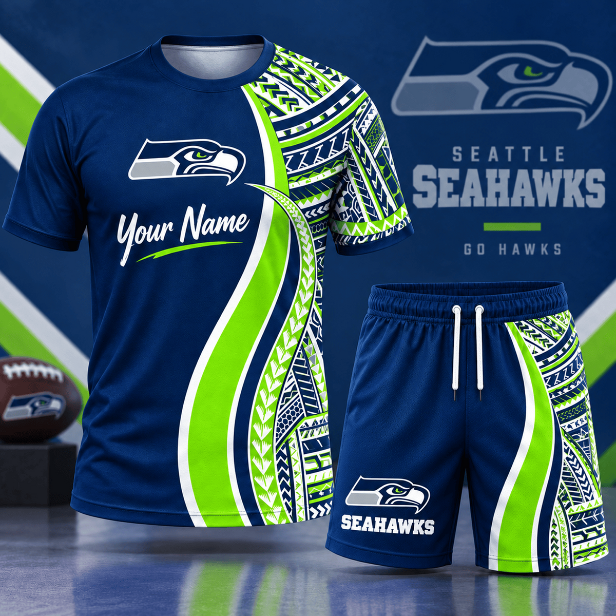 Premium NFL x SEA Custom Name Tribal Graphic T-Shirt and Shorts Set Football Fan Sports Outfit