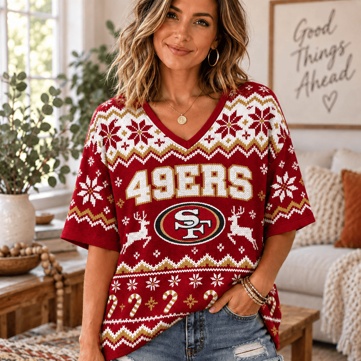 Premium NFL x SF Christmas V-Neck Shirt