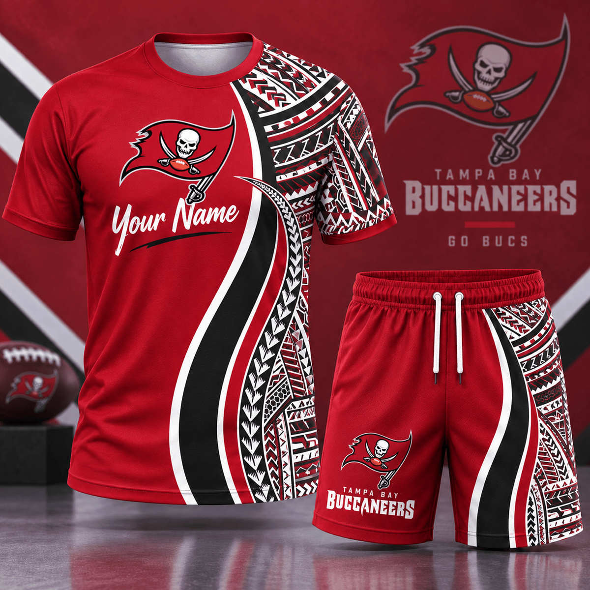 Premium NFL x TB Custom Name Tribal Graphic T-Shirt and Shorts Set Football Fan Sports Outfit