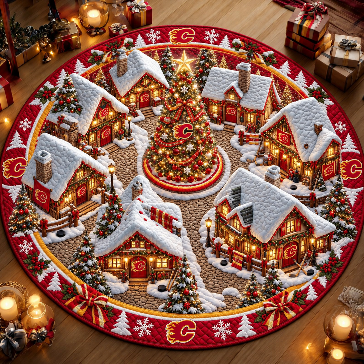 Premium NHL x CAL Christmas Village 3D Round Rug
