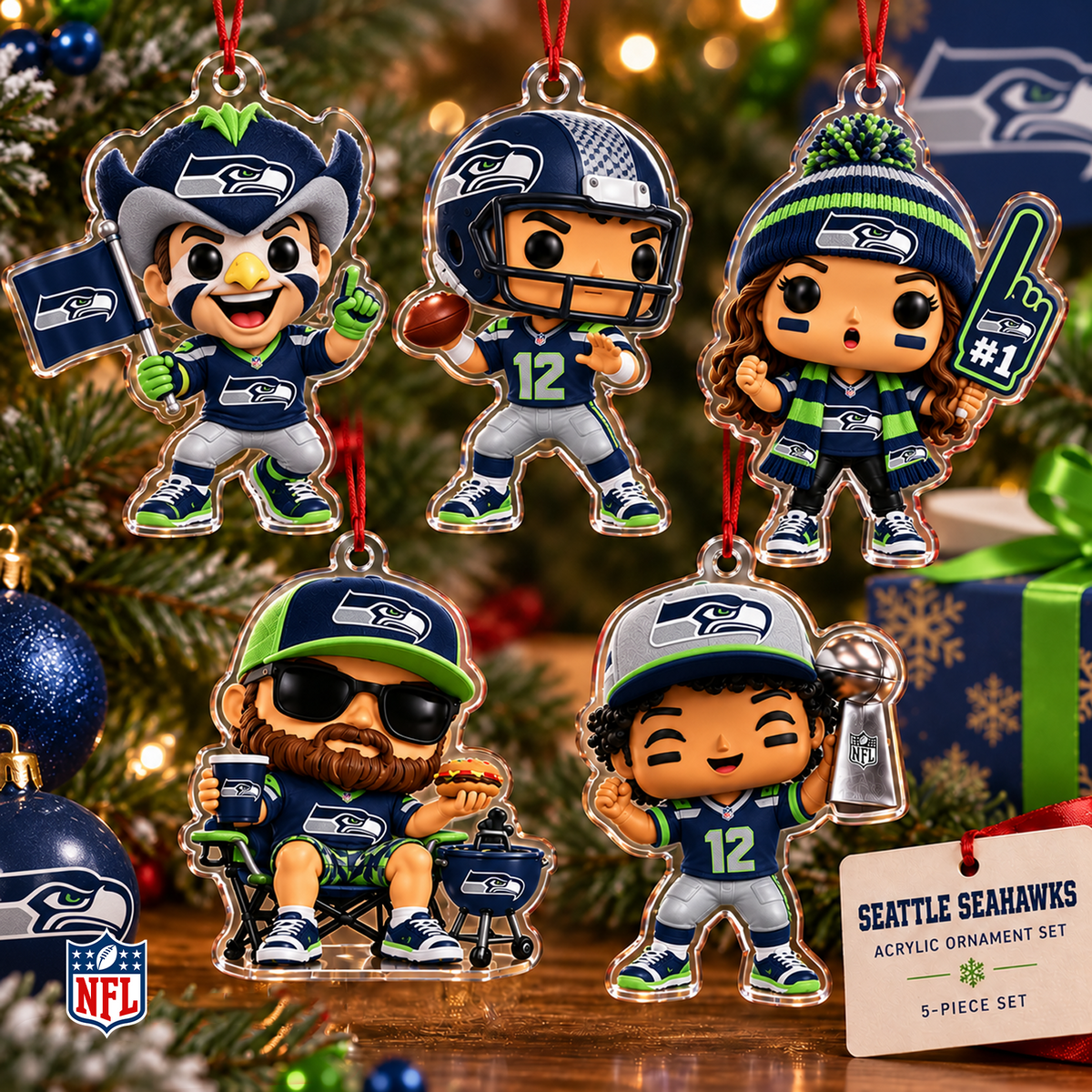 SEA x NFL Christmas KICKOFF Personalized Set 5 Acrylic Ornament