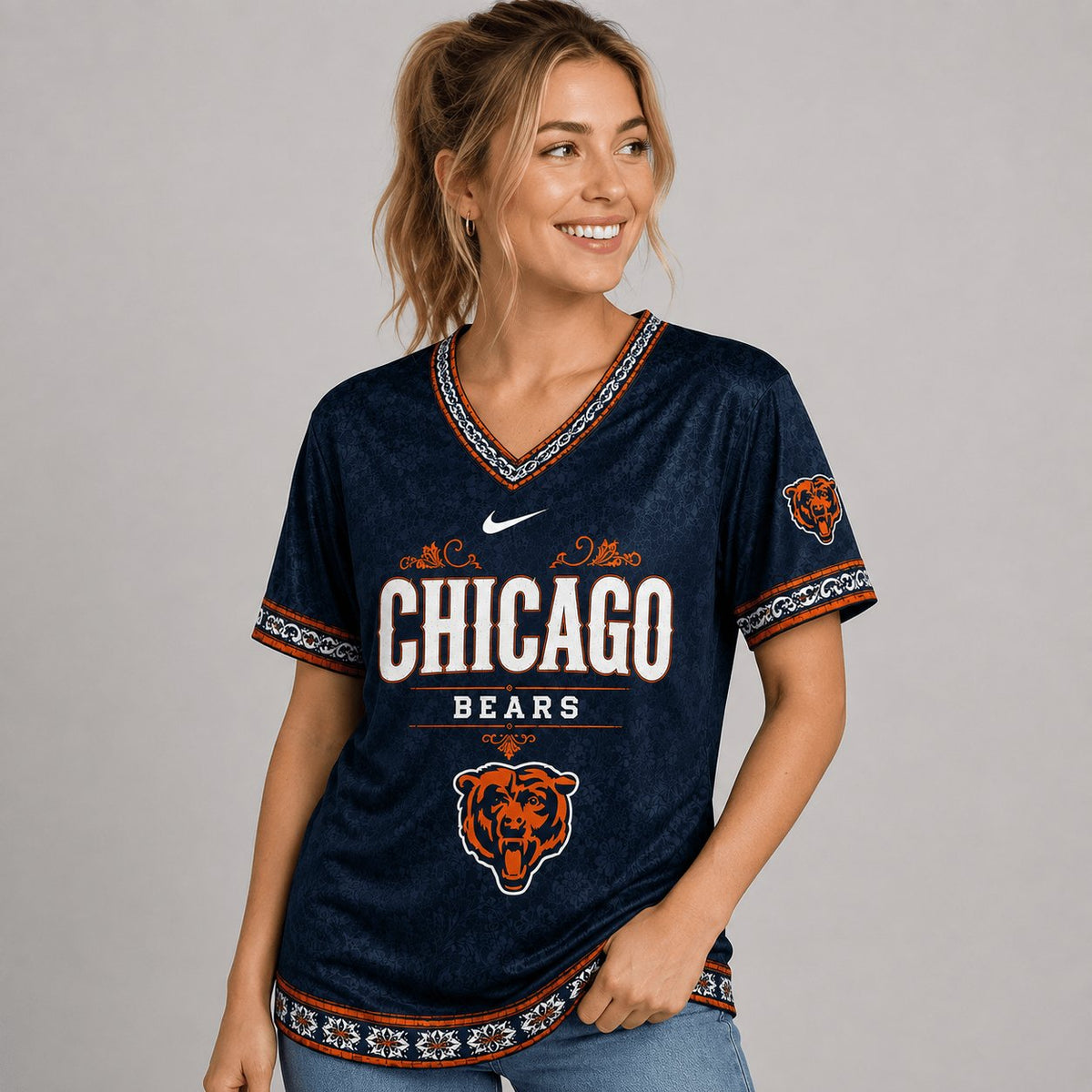 SIGNATURE NFL X CHI EXCLUSIVE WOMEN CLASSIC FLORAL SATIN SHIRT LIMITED EDITION