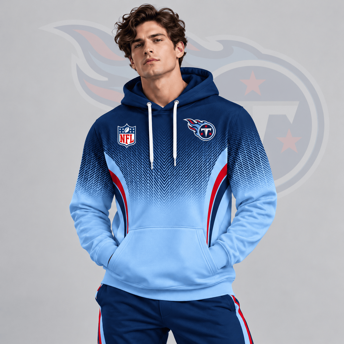 TEN x Premium NFL Gradient Chevron Fade Pullover Hoodie With Team Logo And Contrast Colorblock Athletic Design