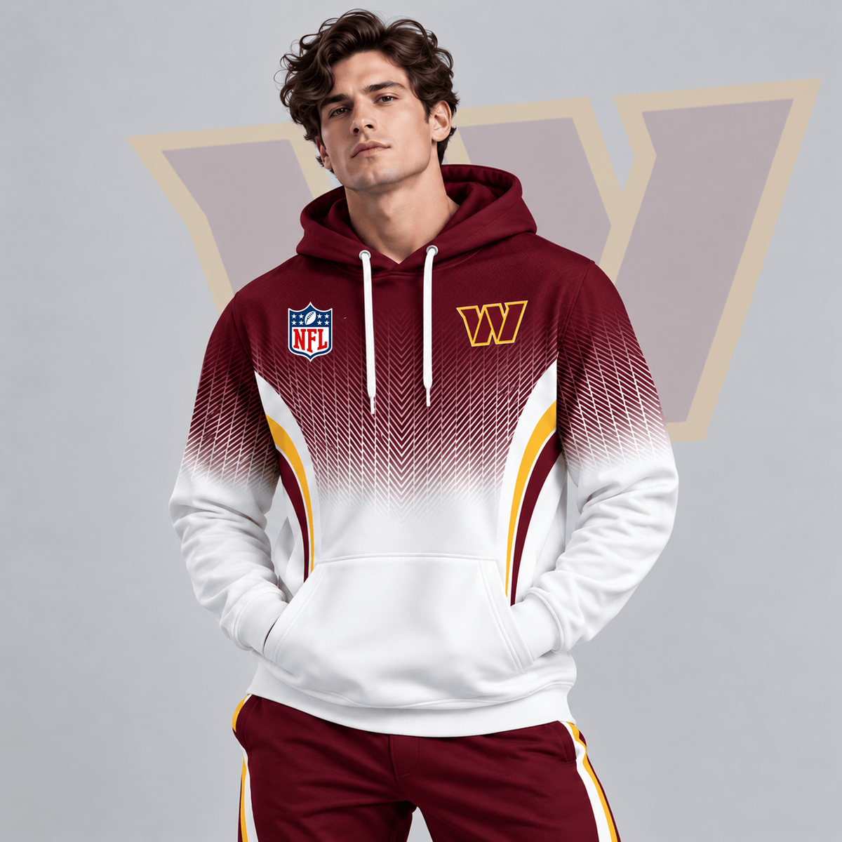 WAS x Premium NFL Gradient Chevron Fade Pullover Hoodie With Team Logo And Contrast Colorblock Athletic Design